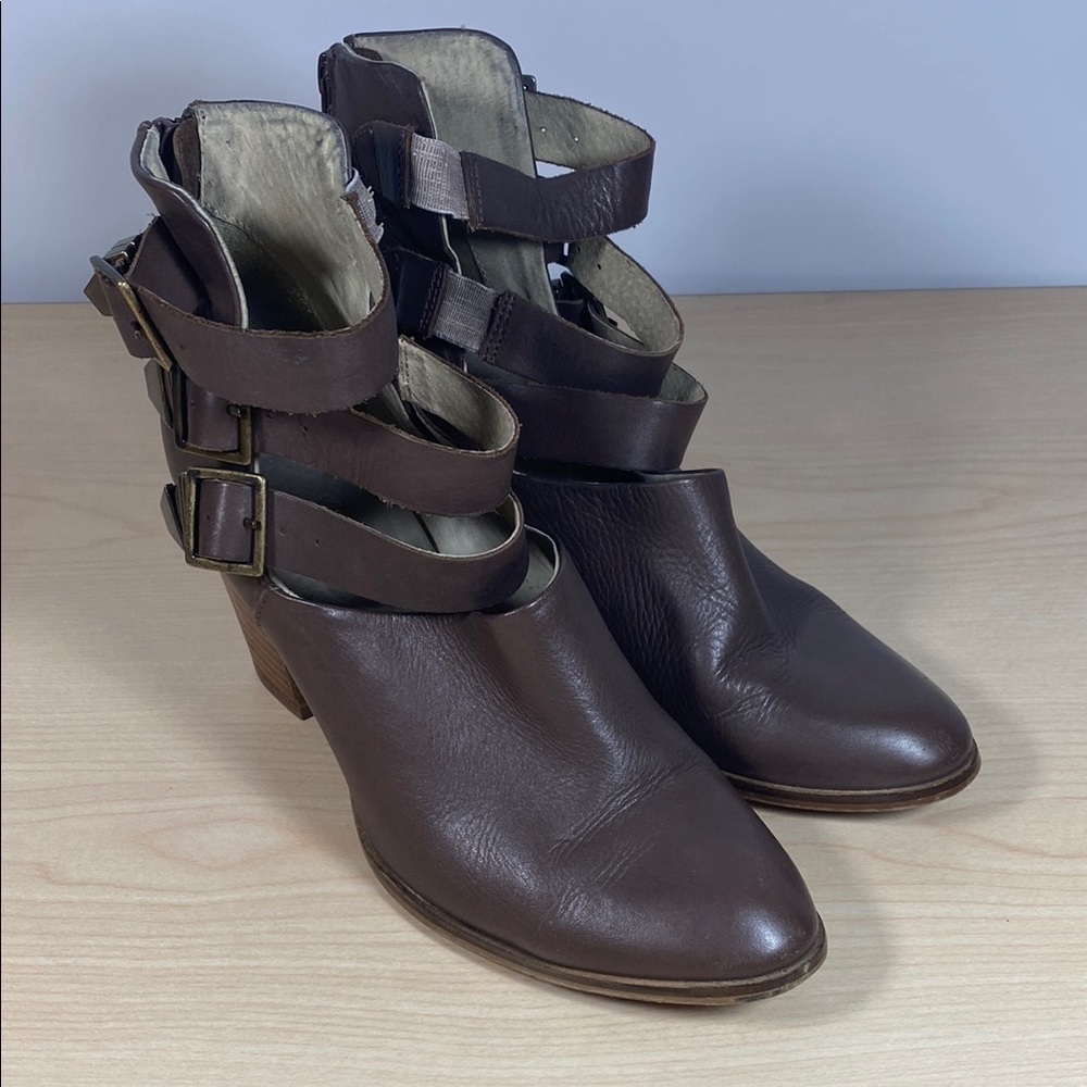 Seychelles Haywire Brown Leather Strappy Ankle Boots with Brass tone Buckles